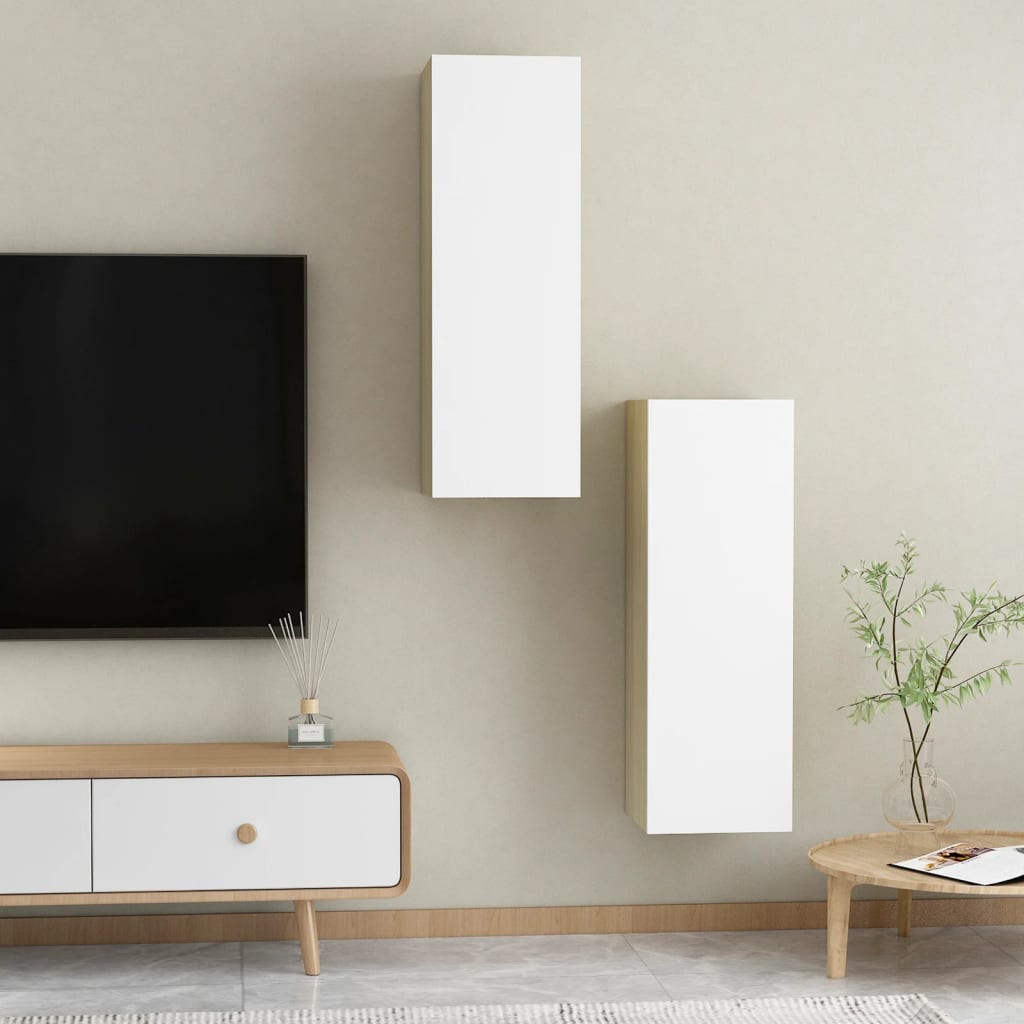 vidaXL TV Cabinets 2 pcs White and Sonoma Oak 30.5x30x90 cm Engineered Wood