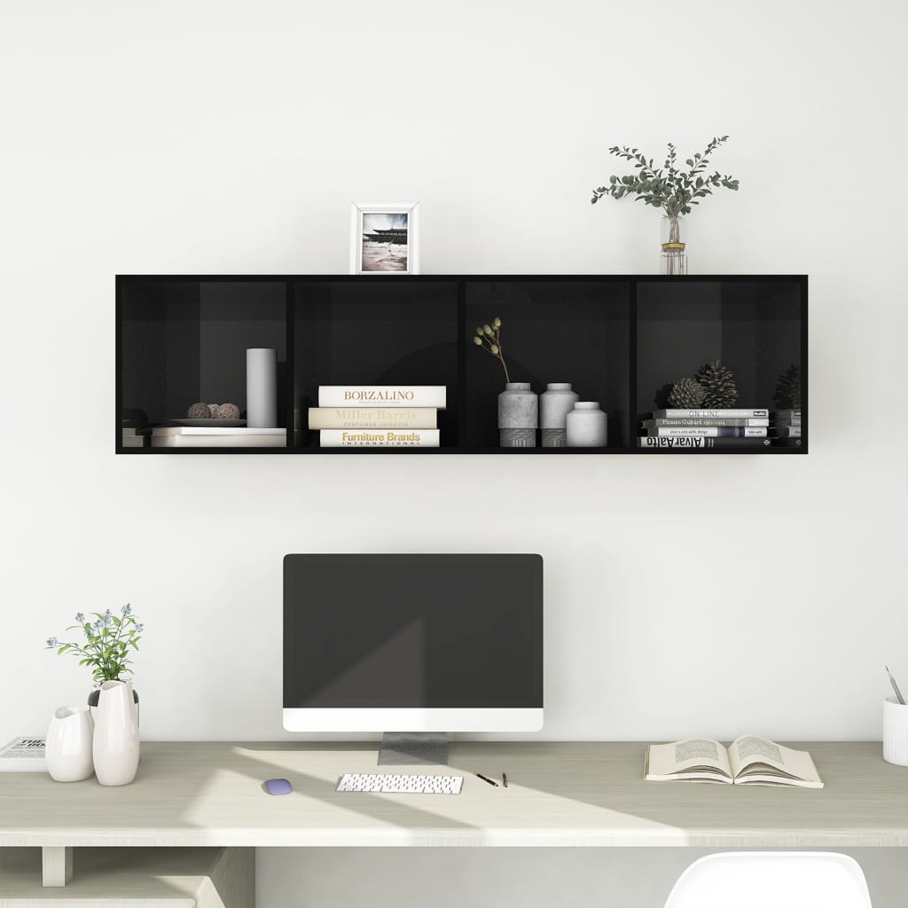 vidaXL Wall-mounted TV Cabinet High Gloss Black 37x37x142.5 cm Engineered Wood