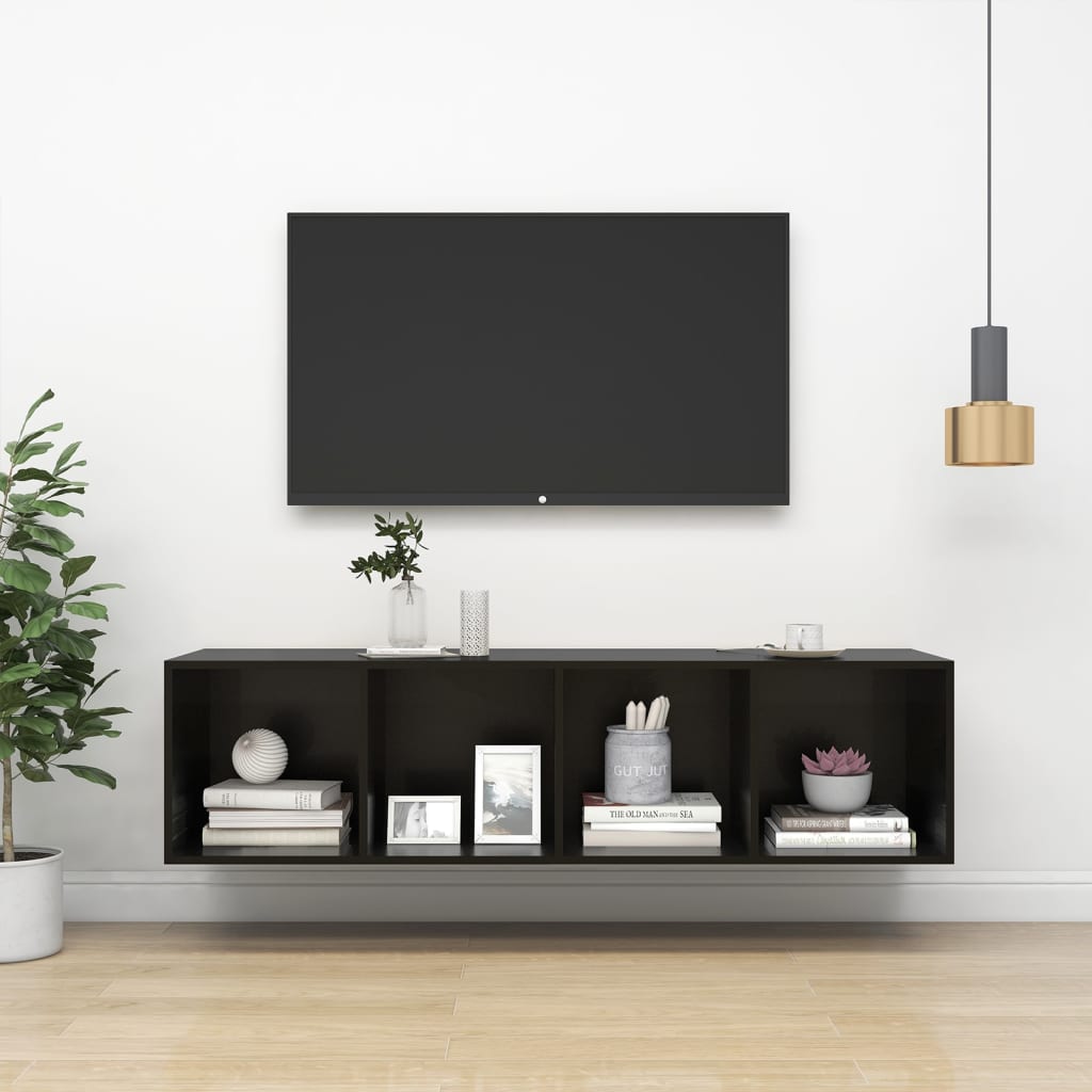 vidaXL Wall-mounted TV Cabinet High Gloss Black 37x37x142.5 cm Engineered Wood