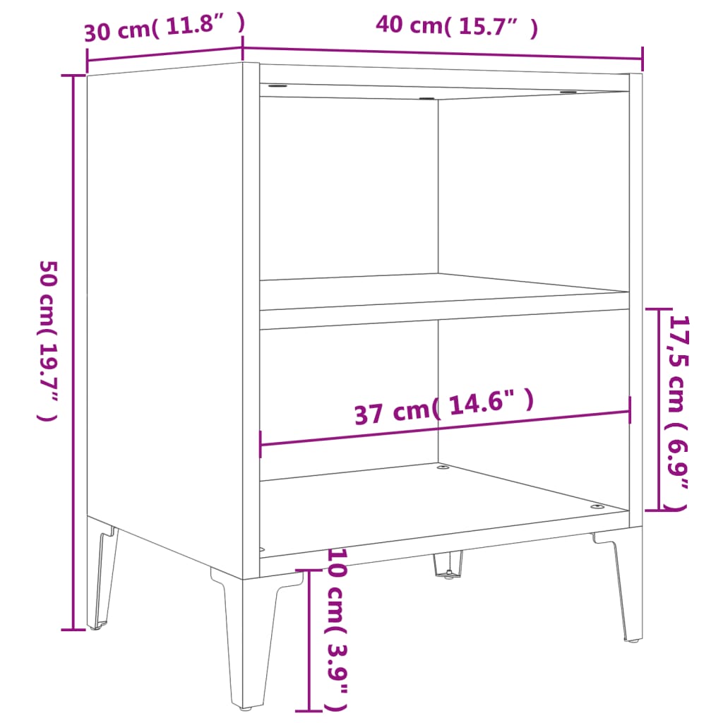 Bedkast met Metalen Poten Wit 40x30x50 cm