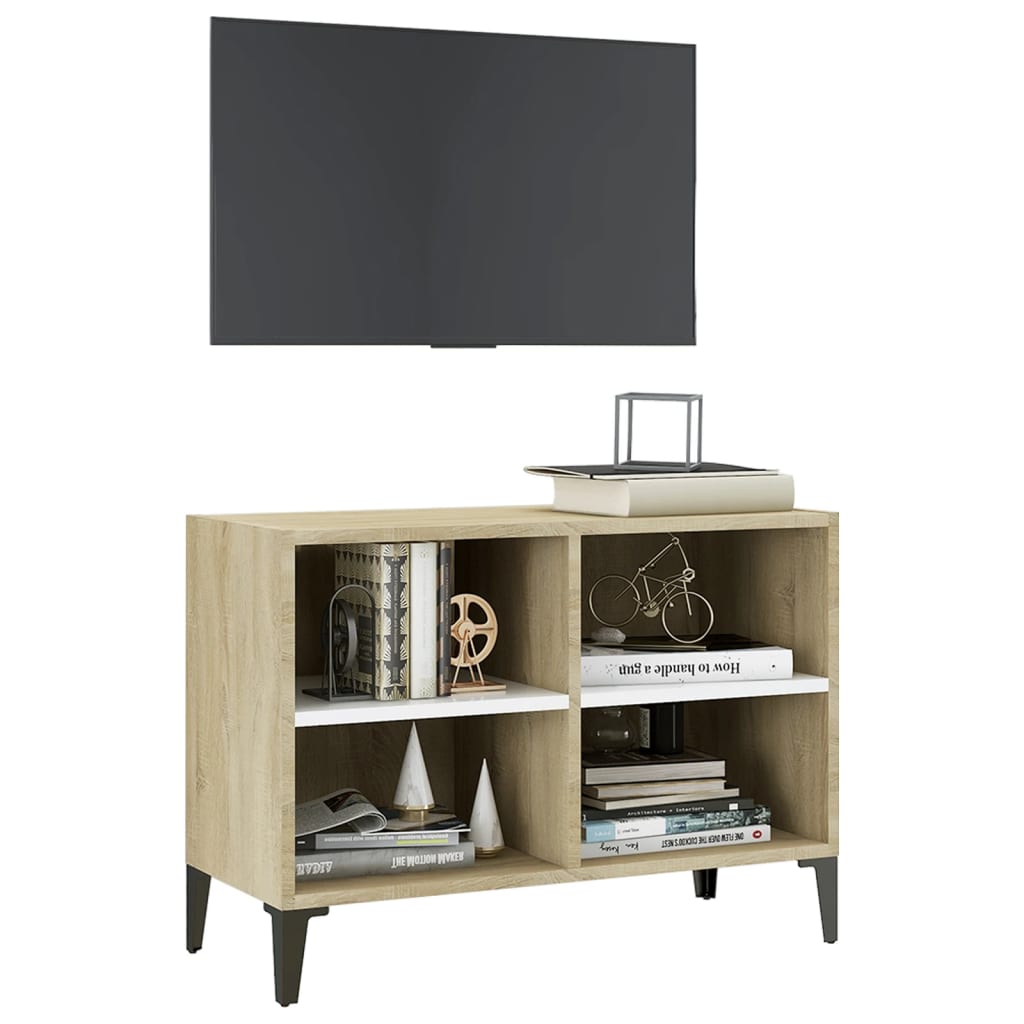 vidaXL TV Cabinet with Metal Legs White and Sonoma Oak 69.5x30x50 cm