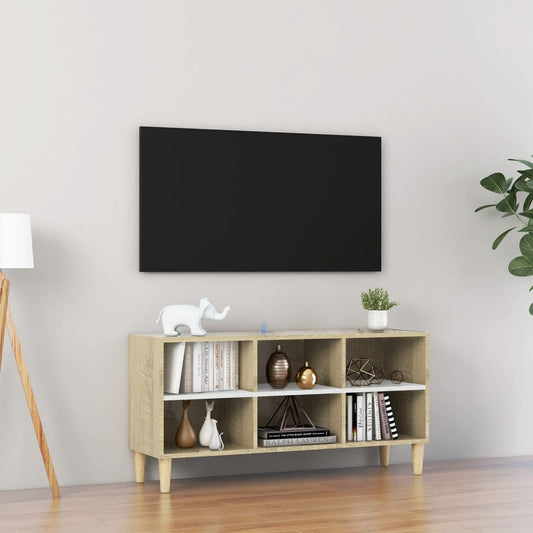 vidaXL TV Cabinet with Solid Wood Legs White and Sonoma Oak 103.5x30x50 cm