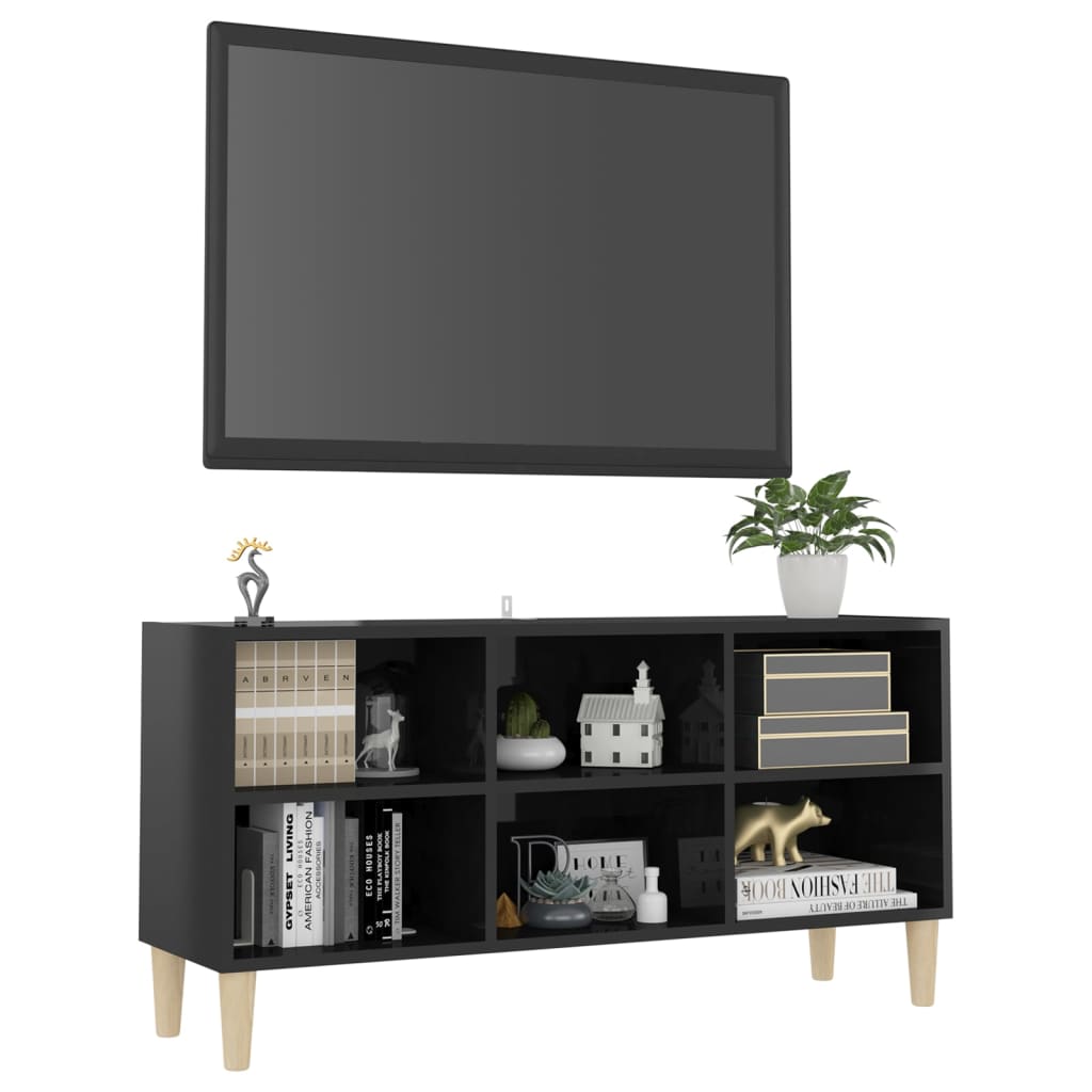 vidaXL TV Cabinet with Solid Wood Legs High Gloss Black 103.5x30x50 cm