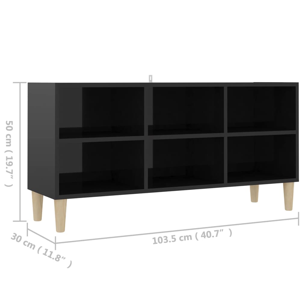 vidaXL TV Cabinet with Solid Wood Legs High Gloss Black 103.5x30x50 cm