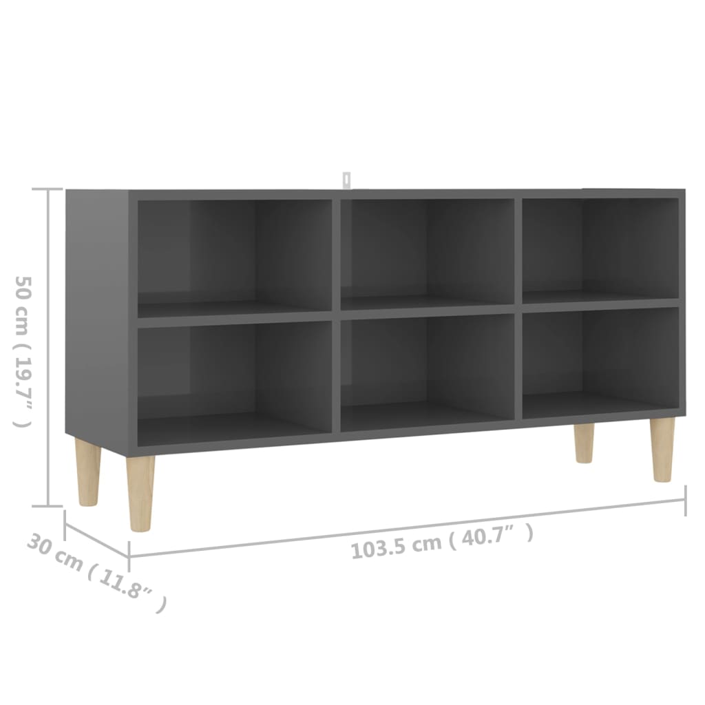 vidaXL TV Cabinet with Solid Wood Legs High Gloss Grey 103.5x30x50 cm