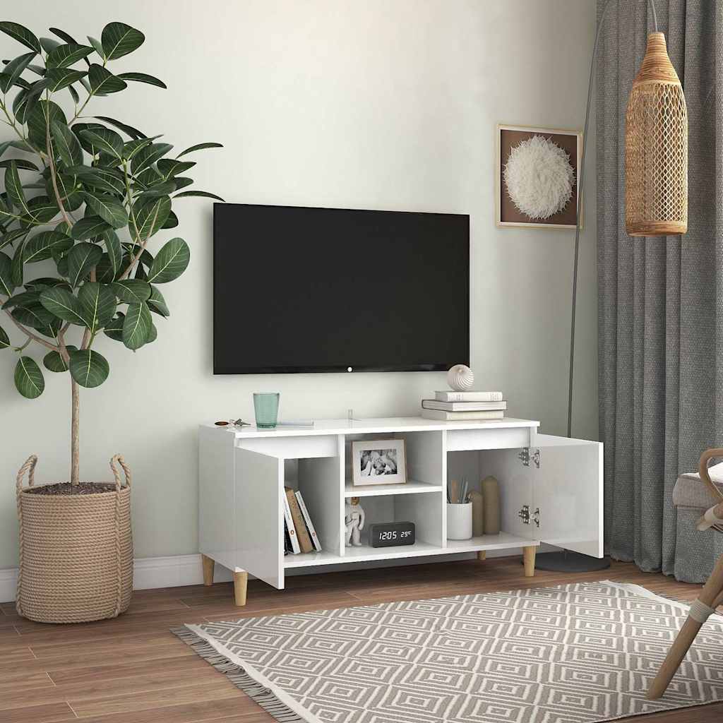805965 vidaXL TV Cabinet & Solid Wood Legs High Gloss White 103,5x35x50 cm