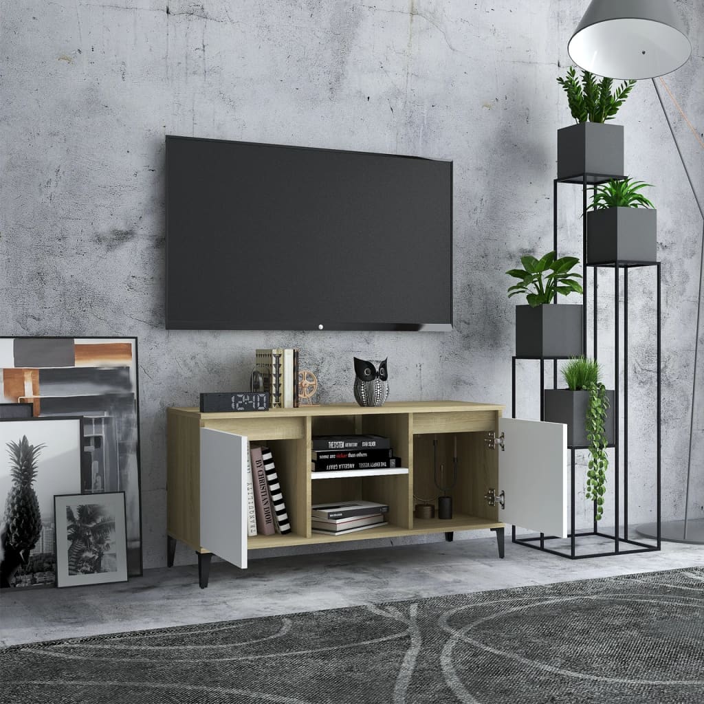 vidaXL TV Cabinet with Metal Legs White and Sonoma Oak 103.5x35x50 cm