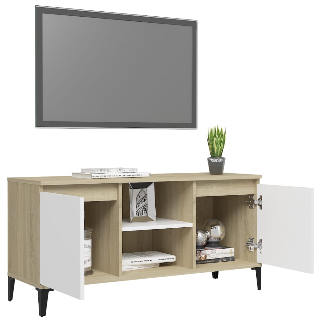 vidaXL TV Cabinet with Metal Legs White and Sonoma Oak 103.5x35x50 cm