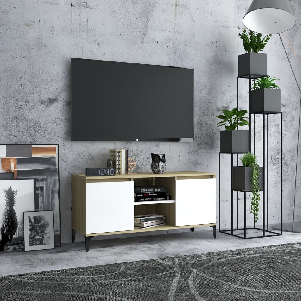 vidaXL TV Cabinet with Metal Legs White and Sonoma Oak 103.5x35x50 cm