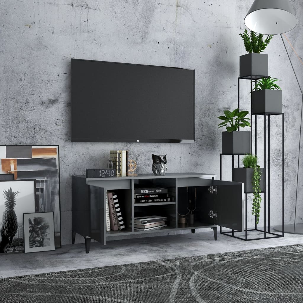 vidaXL TV Cabinet with Metal Legs High Gloss Grey 103.5x35x50 cm