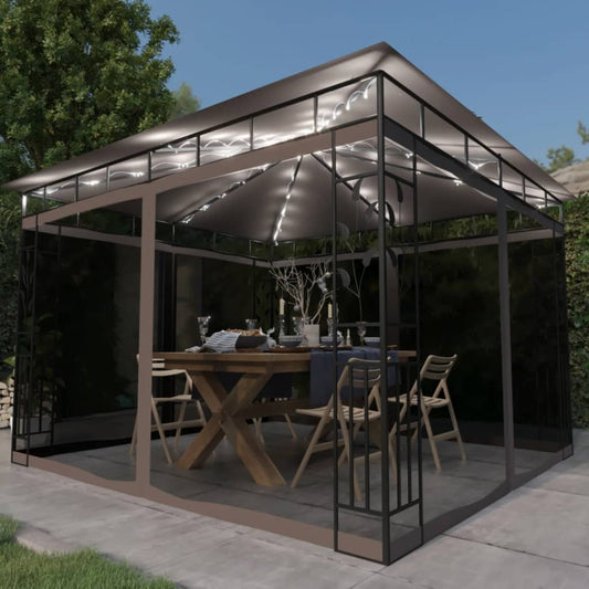 vidaXL Gazebo with Mosquito Net&LED String Lights 3x3x2.73 m Taupe