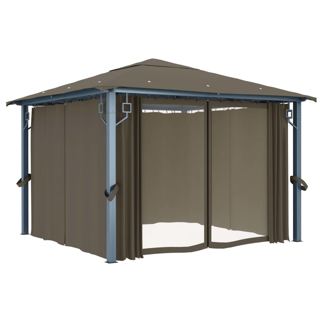 vidaXL Gazebo with Curtain&LED String Lights 3x3 m Taupe Aluminium