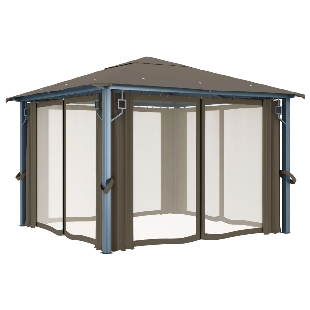 vidaXL Gazebo with Curtain&LED String Lights 3x3 m Taupe Aluminium