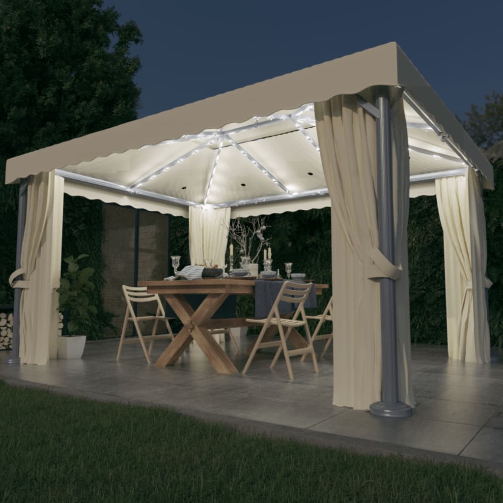 vidaXL Gazebo with Curtain&LED String Lights 4x3 m Cream White