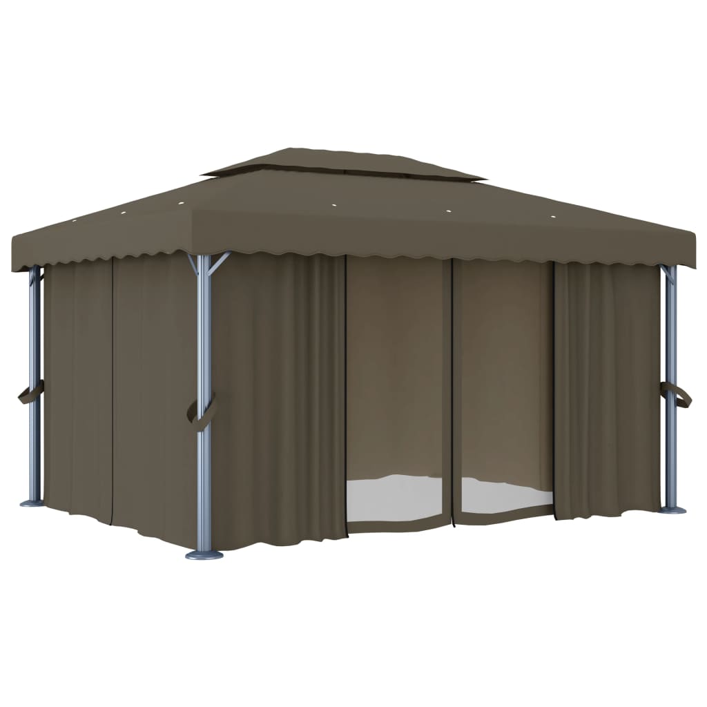 vidaXL Gazebo with Curtain&LED String Lights 4x3 m Taupe