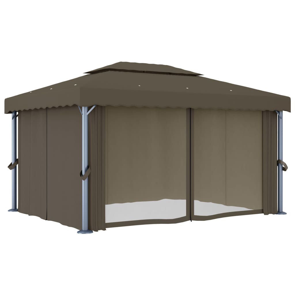 vidaXL Gazebo with Curtain&LED String Lights 4x3 m Taupe