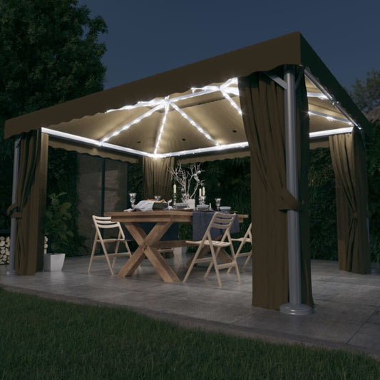 vidaXL Gazebo with Curtain&LED String Lights 4x3 m Taupe