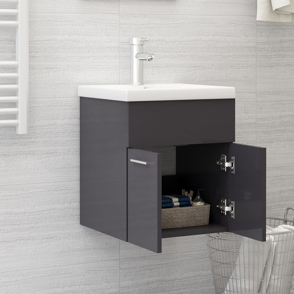 vidaXL Sink Cabinet with Built-in Basin High Gloss Grey Engineered Wood