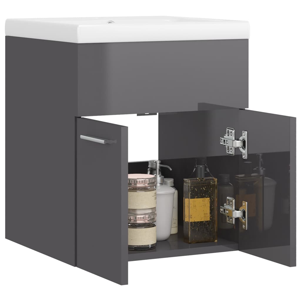 vidaXL Sink Cabinet with Built-in Basin High Gloss Grey Engineered Wood