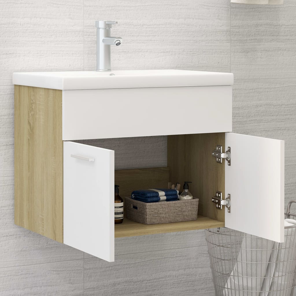 vidaXL Sink Cabinet with Built-in Basin White and Sonoma Oak Engineered Wood