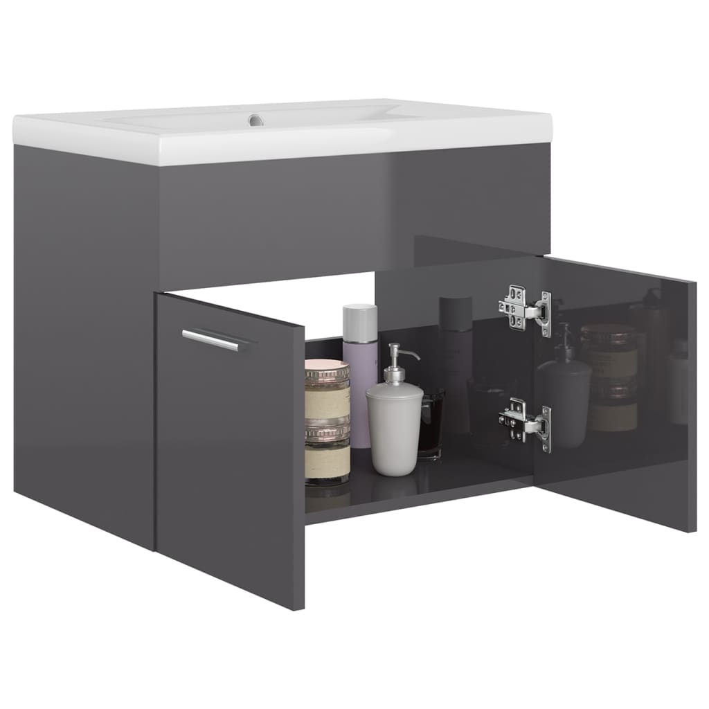 vidaXL Sink Cabinet with Built-in Basin High Gloss Grey Engineered Wood