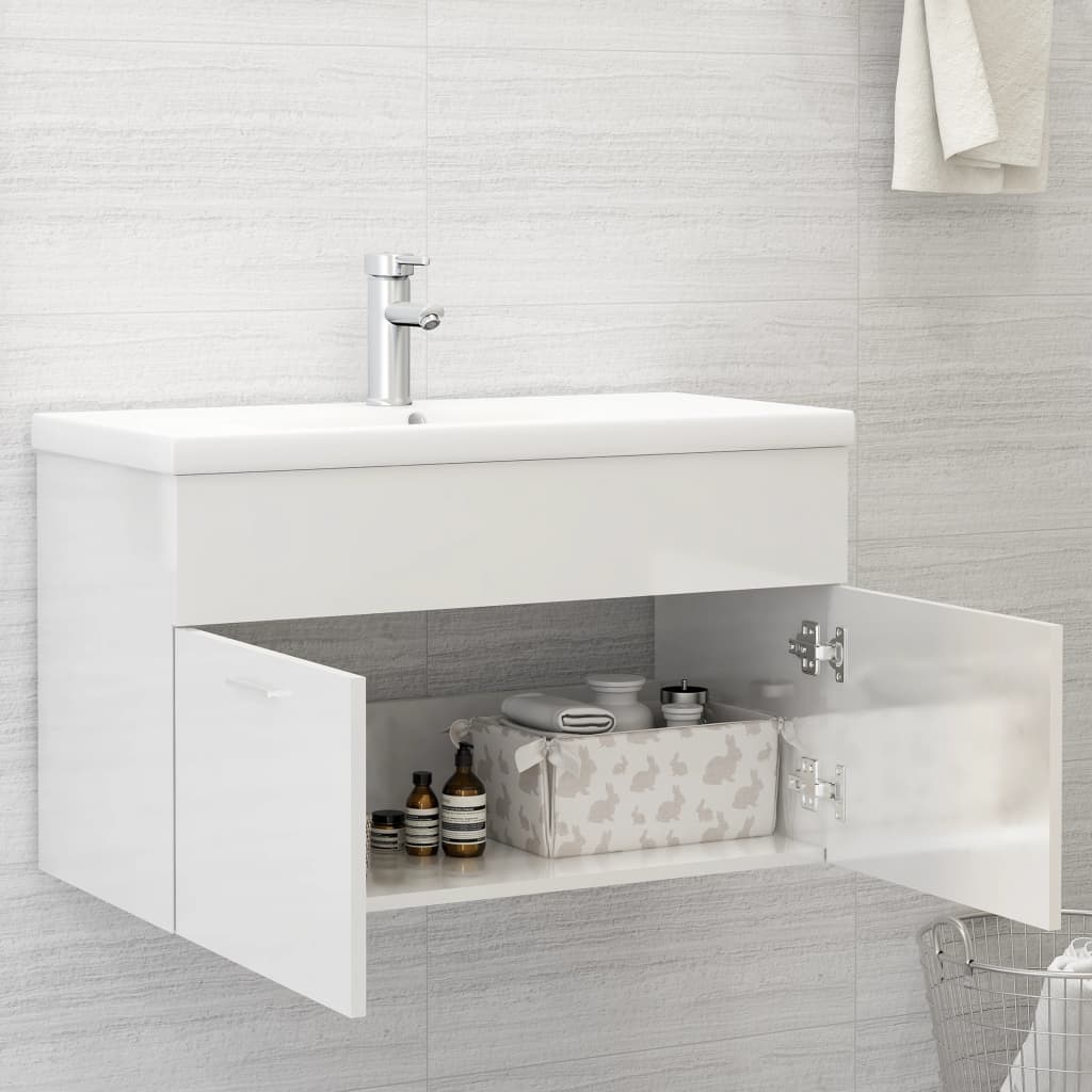 vidaXL Sink Cabinet with Built-in Basin High Gloss White Engineered Wood