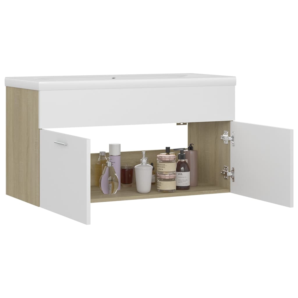 vidaXL Sink Cabinet with Built-in Basin White and Sonoma Oak Engineered Wood