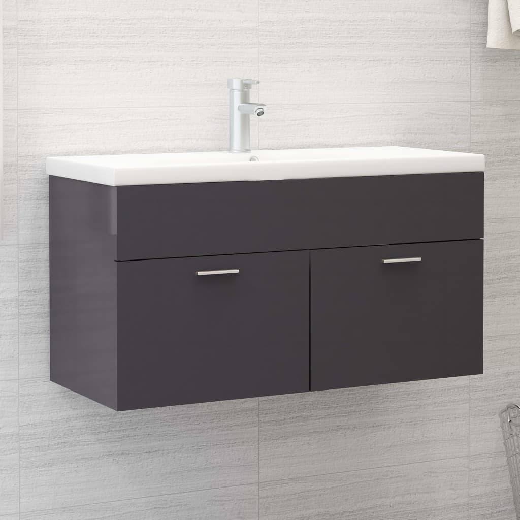 vidaXL Sink Cabinet with Built-in Basin High Gloss Grey Engineered Wood