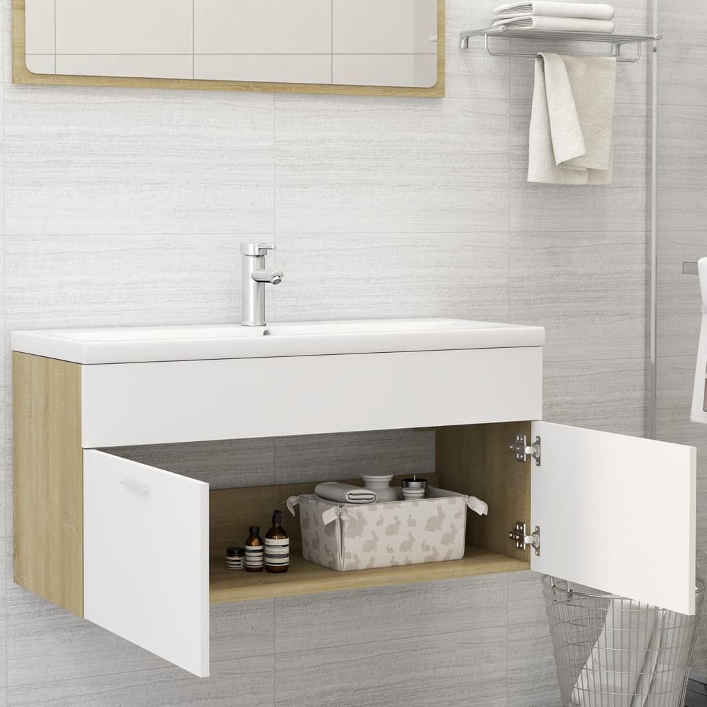 vidaXL Sink Cabinet with Built-in Basin White and Sonoma Oak Engineered Wood