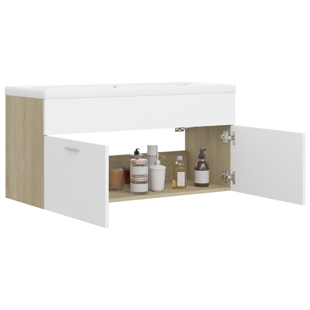 vidaXL Sink Cabinet with Built-in Basin White and Sonoma Oak Engineered Wood