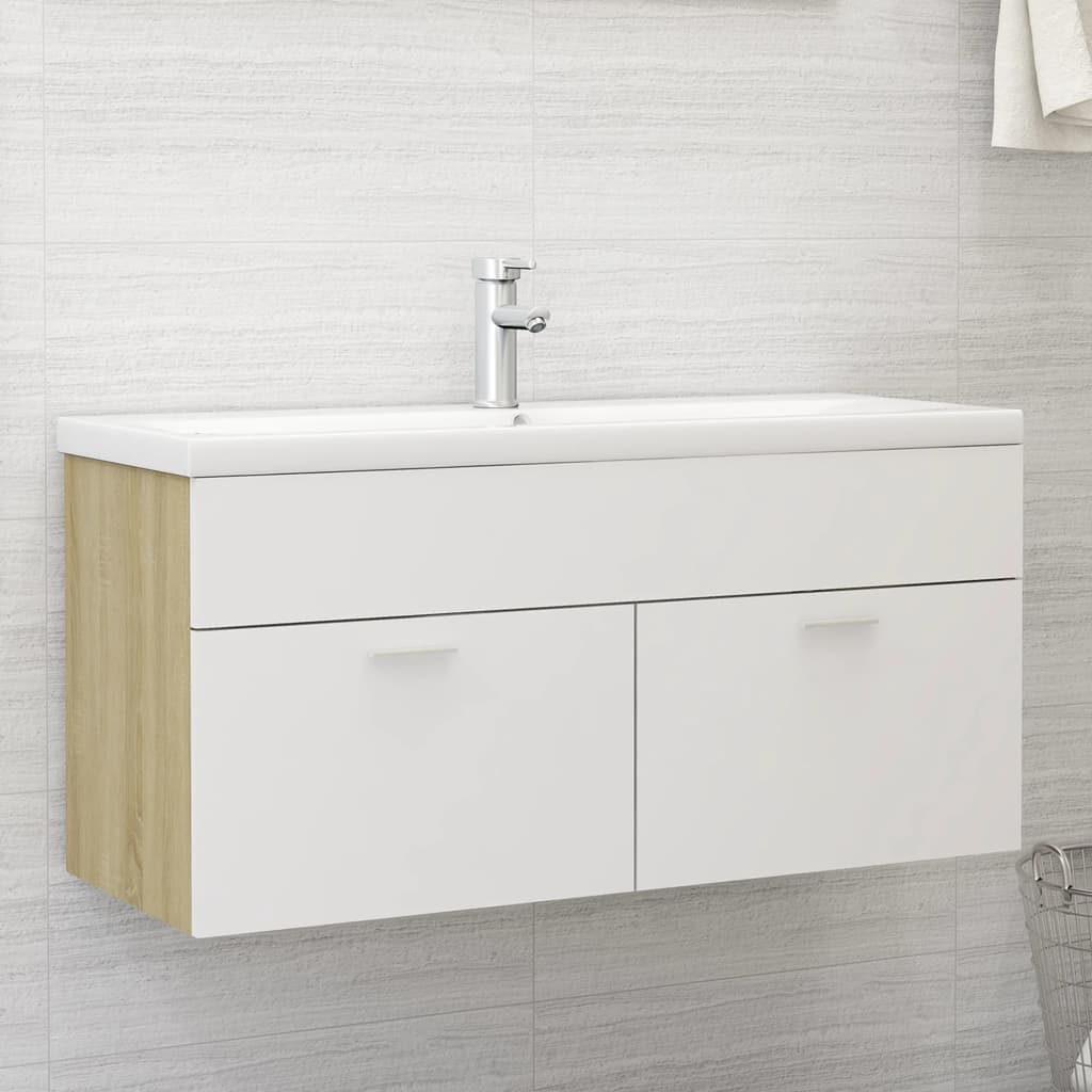 vidaXL Sink Cabinet with Built-in Basin White and Sonoma Oak Engineered Wood