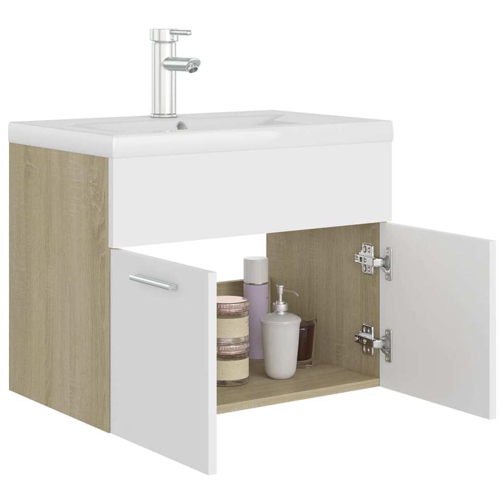 vidaXL Sink Cabinet with Built-in Basin White and Sonoma Oak Engineered Wood