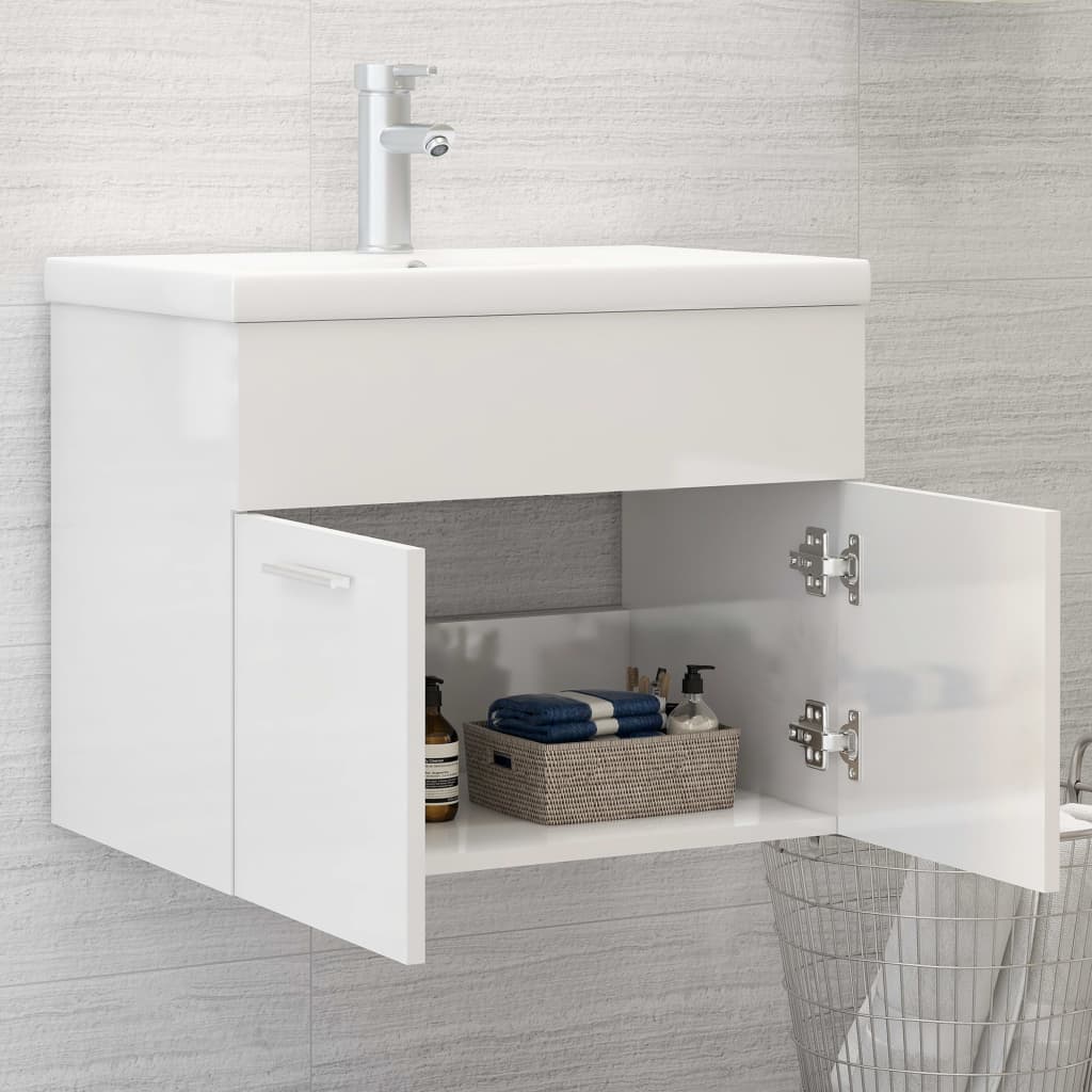 vidaXL Sink Cabinet with Built-in Basin High Gloss White Engineered Wood