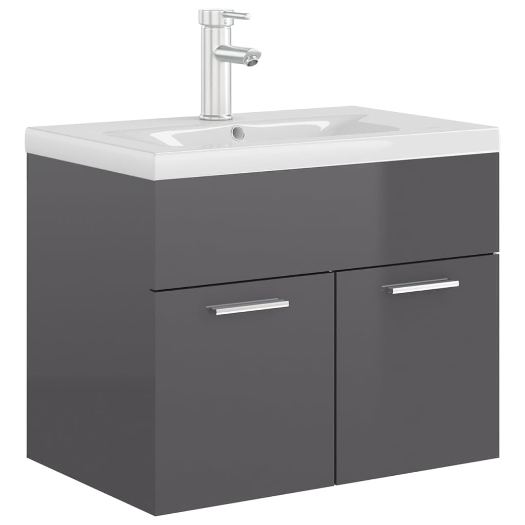 vidaXL Sink Cabinet with Built-in Basin High Gloss Grey Engineered Wood