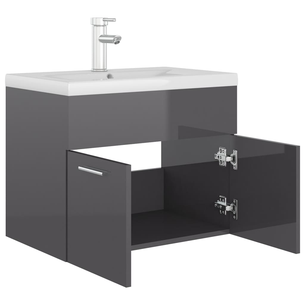 vidaXL Sink Cabinet with Built-in Basin High Gloss Grey Engineered Wood