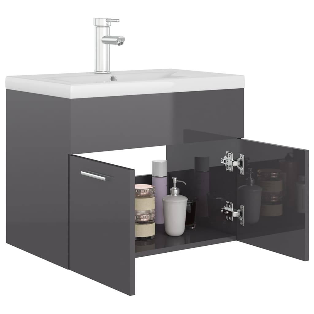 vidaXL Sink Cabinet with Built-in Basin High Gloss Grey Engineered Wood