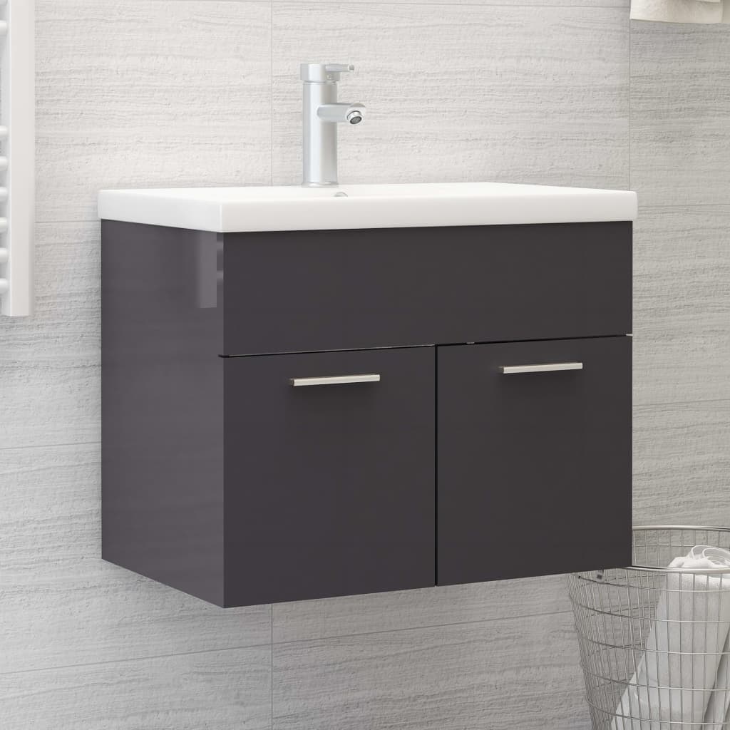 vidaXL Sink Cabinet with Built-in Basin High Gloss Grey Engineered Wood