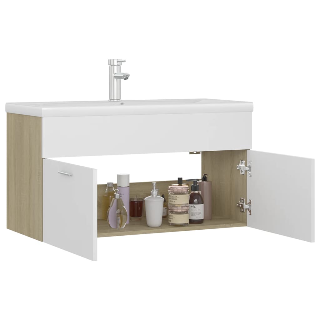 vidaXL Sink Cabinet with Built-in Basin White and Sonoma Oak Engineered Wood