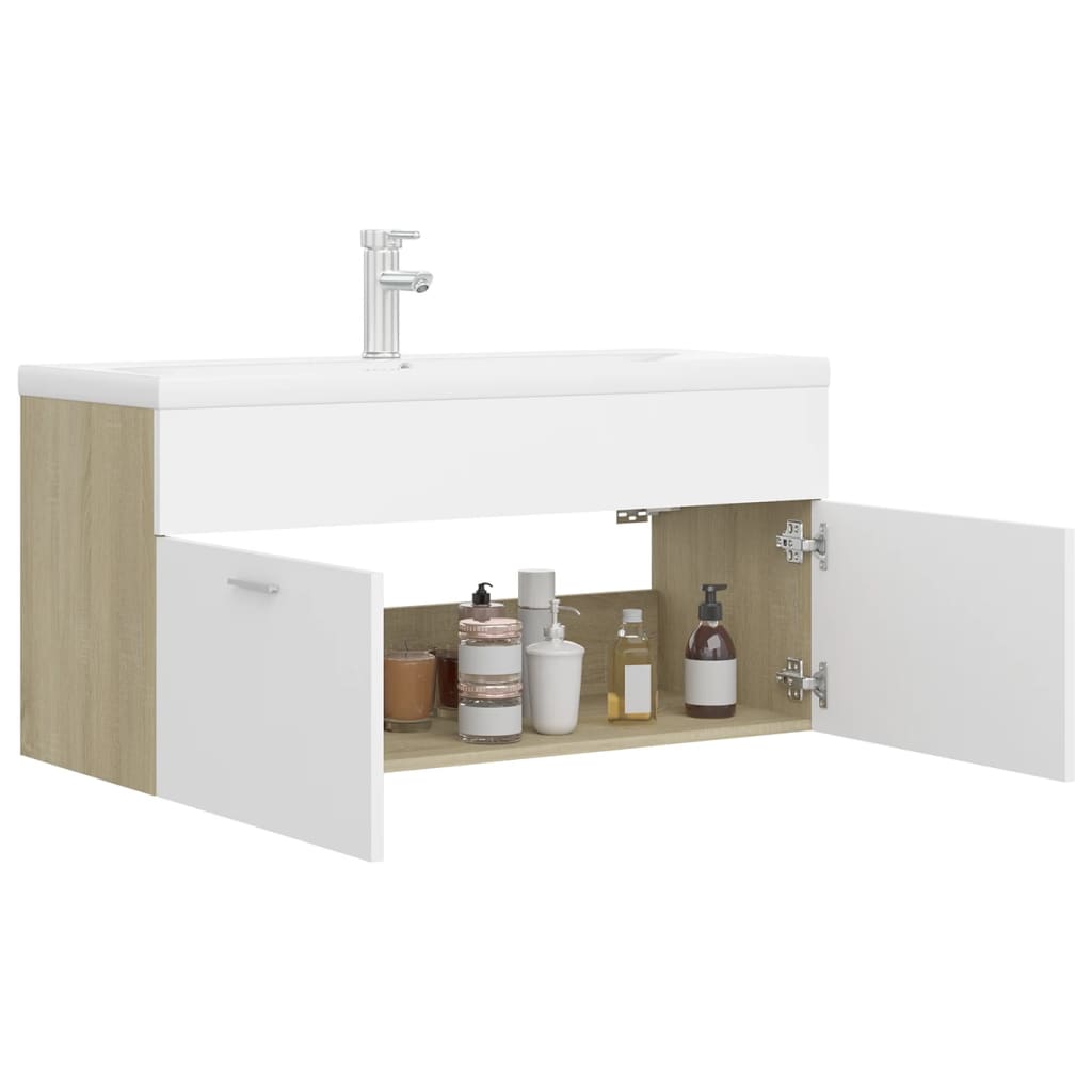 vidaXL Sink Cabinet with Built-in Basin White and Sonoma Oak Engineered Wood