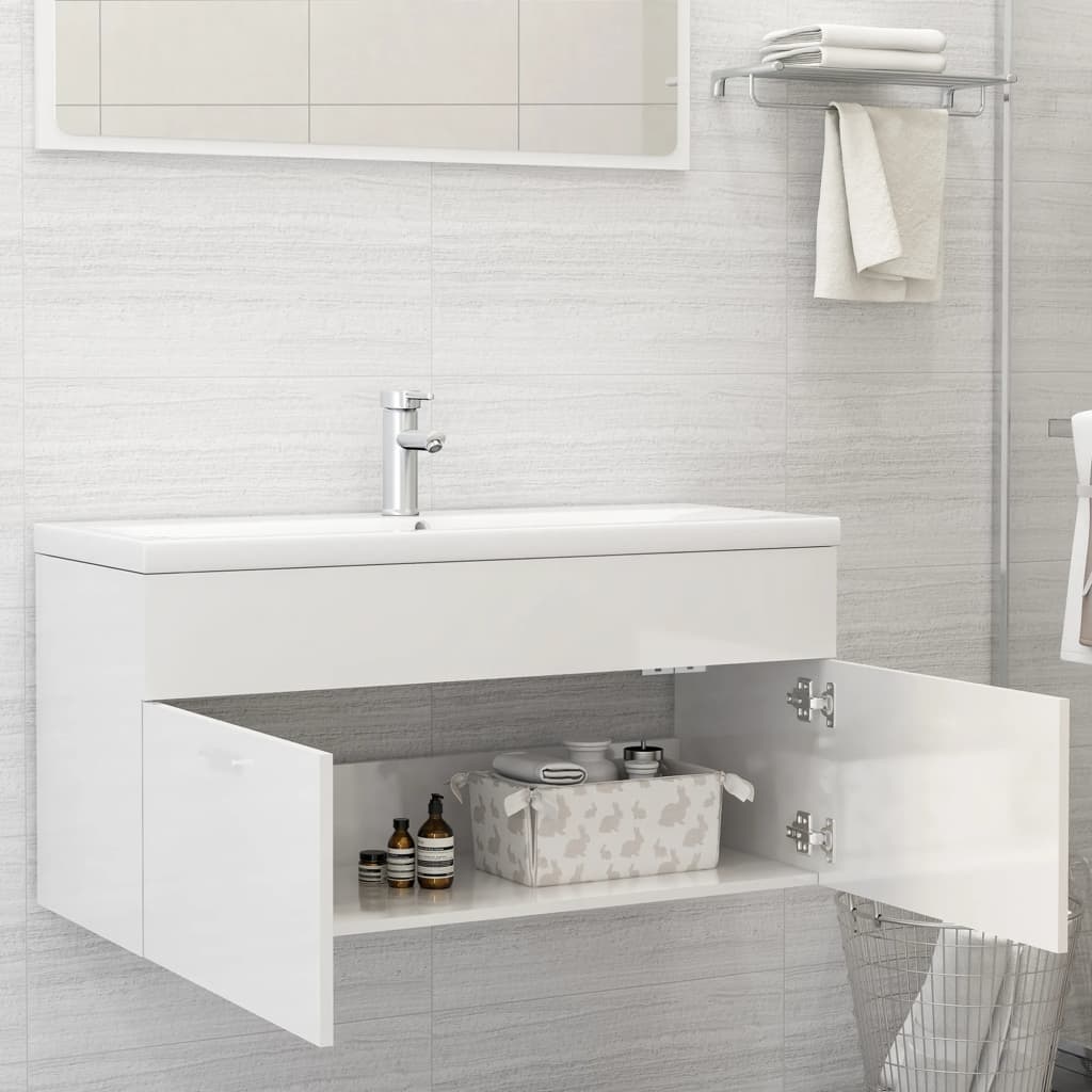 vidaXL Sink Cabinet with Built-in Basin High Gloss White Engineered Wood