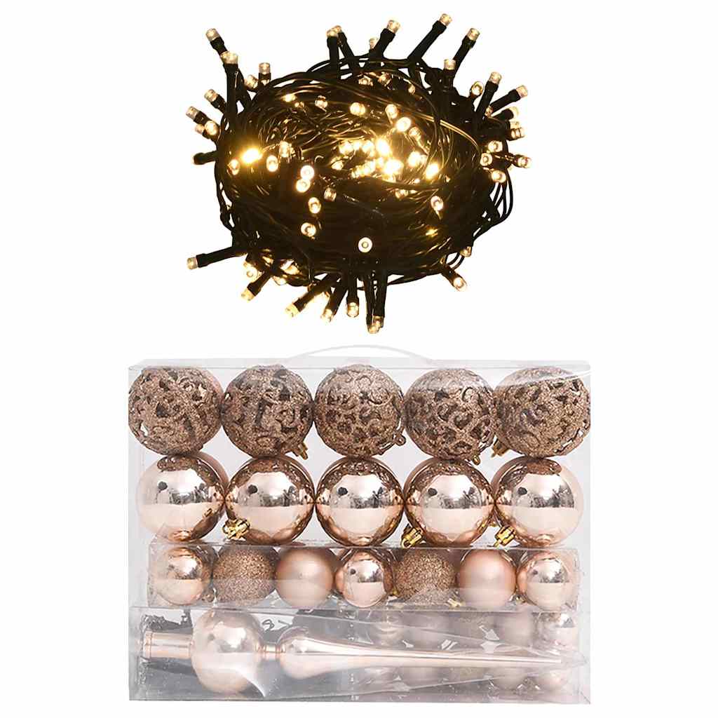 330097 vidaXL 60 Piece Christmas Ball Set with Peak and 150 LEDs Rose Gold