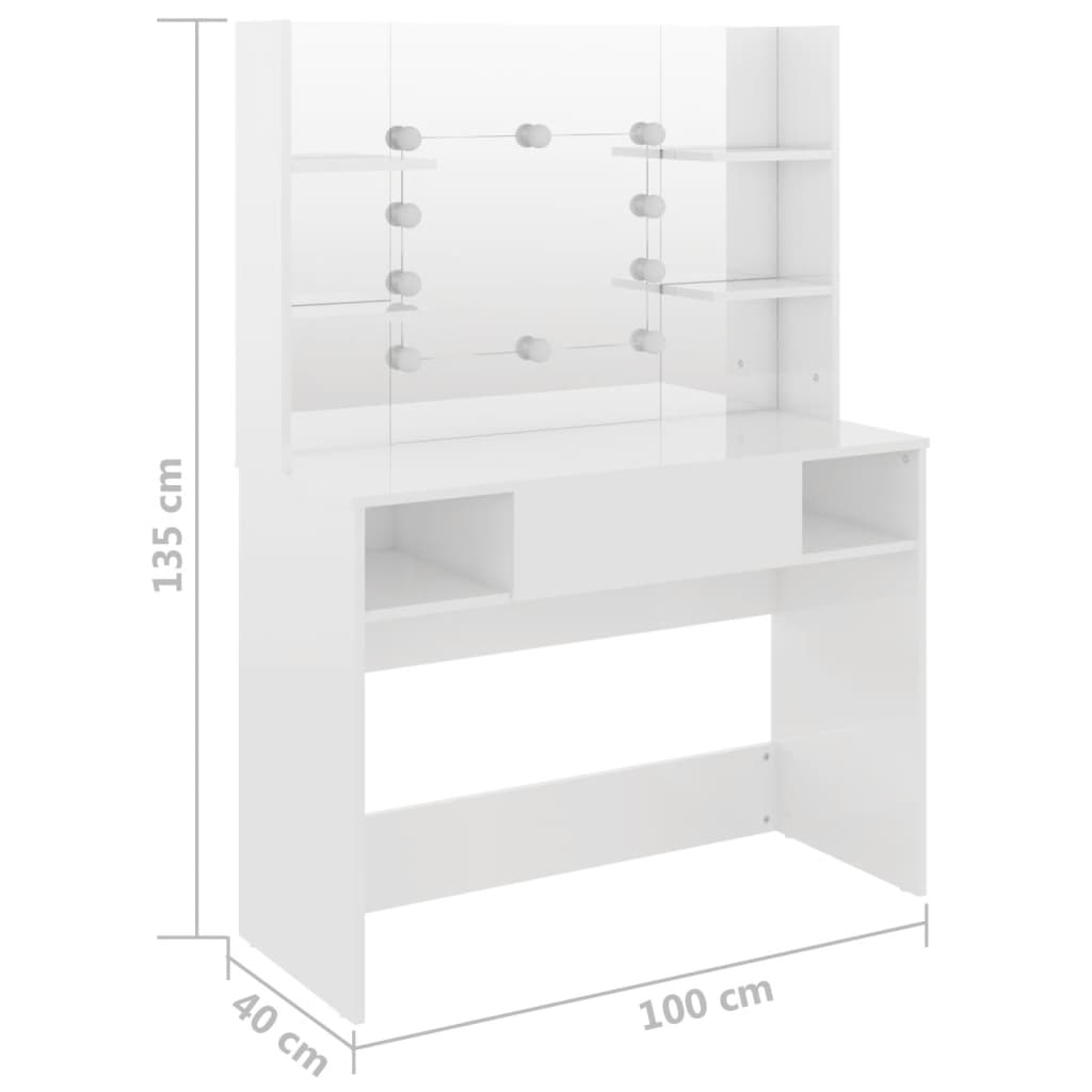 vidaXL Makeup Table with LED Lights 100x40x135 cm MDF Shining White