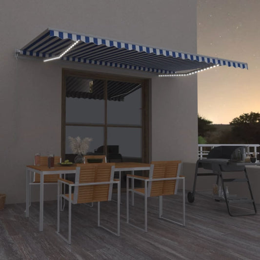 3069021 vidaXL Manual Retractable Awning with LED 500x350 cm Blue and White (313207+313165)