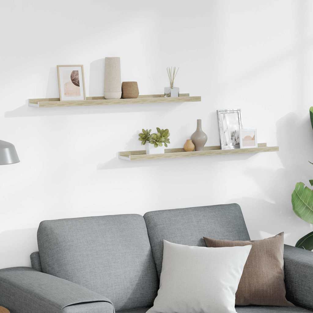 Wall Shelves 2 pcs White and Sonoma Oak 80x9x3 cm