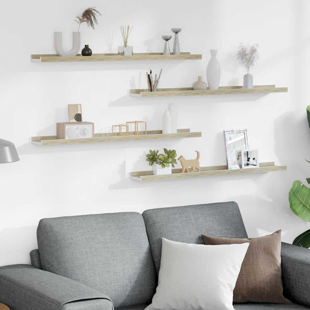 Wall Shelves 4 pcs White and Sonoma Oak 80x9x3 cm