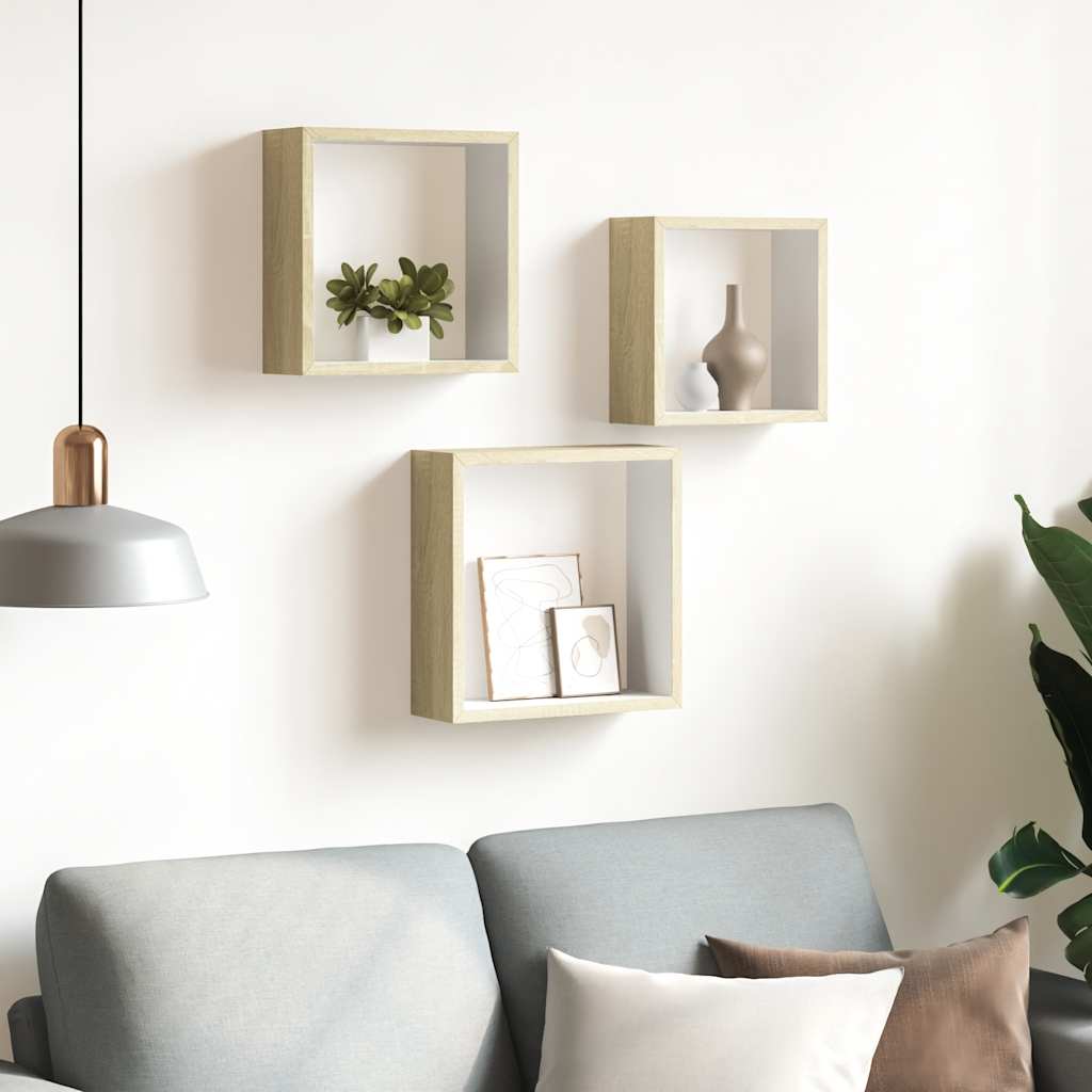 Wall Cube Shelves 3 pcs White and Sonoma Oak