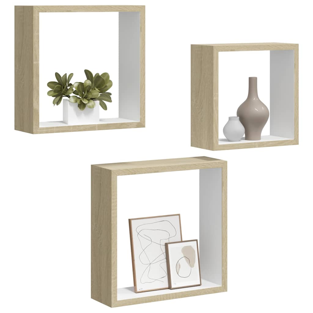 Wall Cube Shelves 3 pcs White and Sonoma Oak
