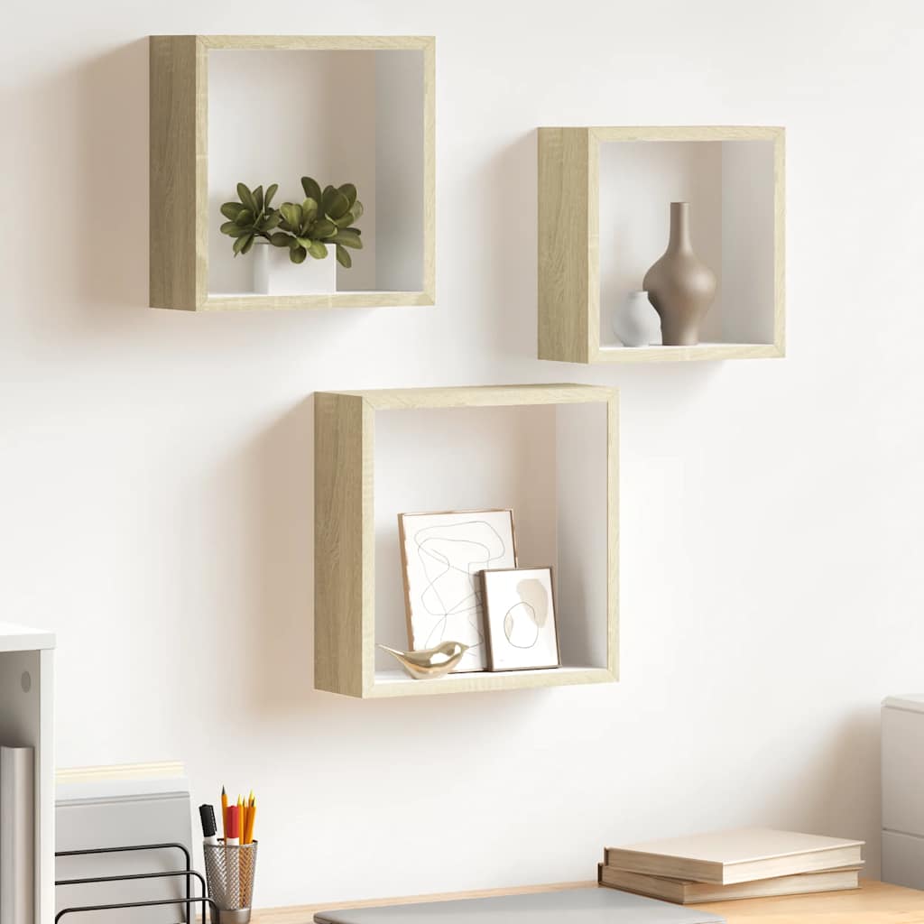 Wall Cube Shelves 3 pcs White and Sonoma Oak