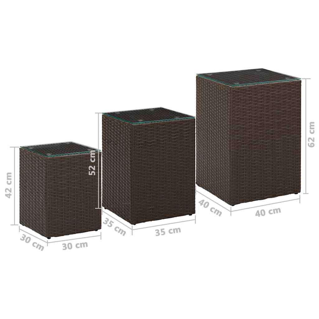316380 vidaXL Side Tables 3 pcs with Glass Top Brown Poly Rattan