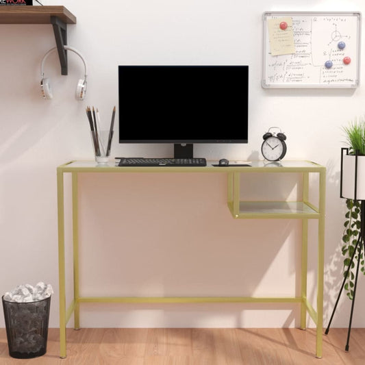 vidaXL Computer Desk White and Gold 100x36x74 cm Glass